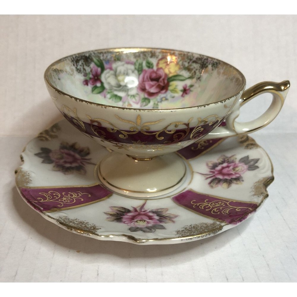 Brunch Table Grantcrest China Cup & Saucer Set Rose Floral Gold Trim Vintage